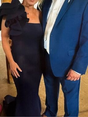 Jovani Navy One-Shoulder Ruffle Mermaid Gown